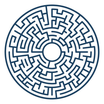 Circular blue line labyrinth maze design element.