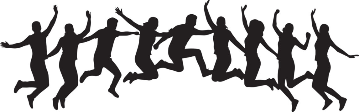 Jumping people silhouettes in a row, happy group of friends celebrating success, black vector silhouettes of active men and women jumping for joy