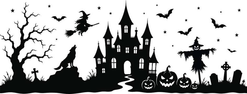 Spooky halloween scene with castle witch werewolf and jack o' lanterns black silhouette vector