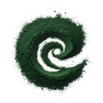 Vibrant green spirulina powder swirled into a perfect spiral shape against a clean white background
