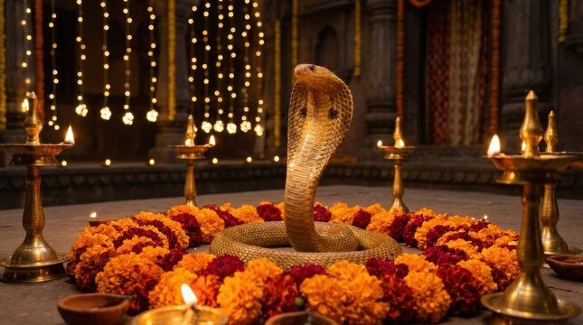Cobra snake statue in a temple. Traditional Indian religious idol with flowers and lamps.