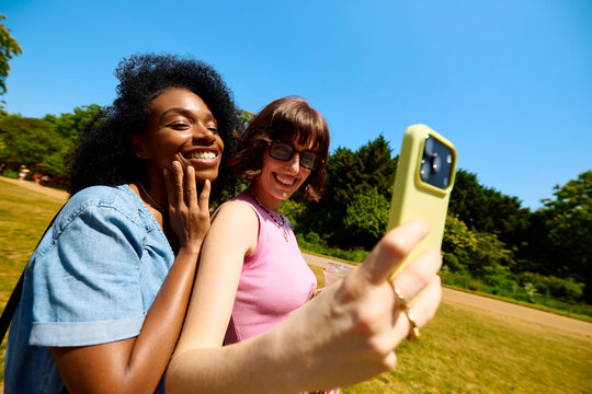 Two Friends Take a Selfie in a Park on a Sunny Day