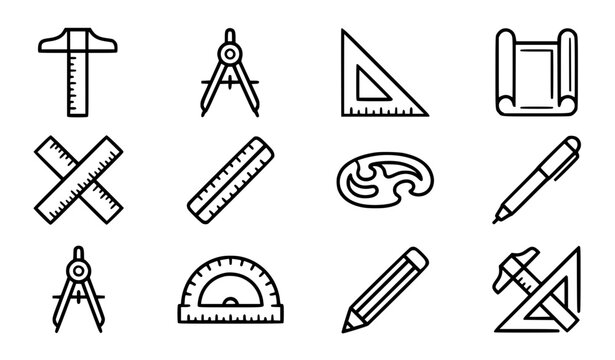 Generic architectural blueprint tools vector icon set with simple bold line art classic complete unbranded drafting compass t-square ruler set-square engineering plans clip art black and white