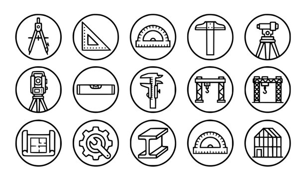 Clean line art generic architectural tool emblem vector set with classic bold engineering badge retro compass unbranded t-square ruler blueprint studio and sweet construction graphics for apparel