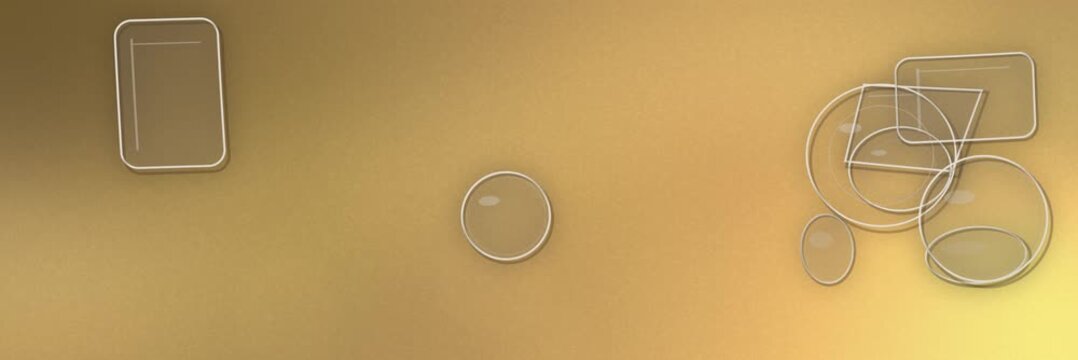Floating transparent circles and rectangles over a gold, ochre and bronze gradient, website banner seamless loop animation for an elegant metallic backdrop