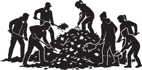 Obraz premium Community volunteers cleaning autumn leaves silhouette, group of people working with shovels and rakes, environmental cleanup vector illustration