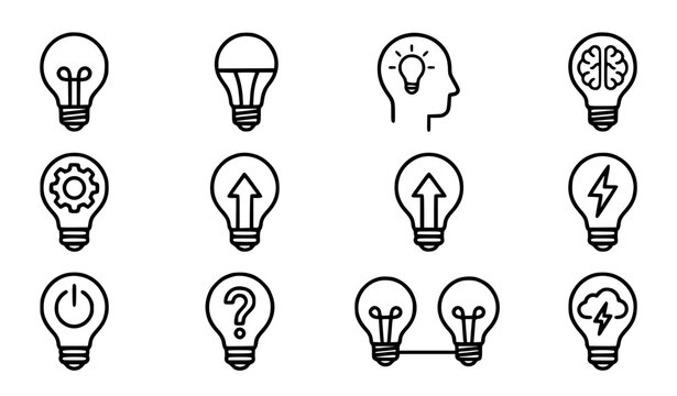 Generic lightbulbs and ideas vector icon set with simple bold line art classic complete unbranded electric bulb filament innovation creative thinking clip art black and white
