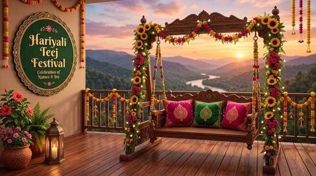 Hariyali Teej Festival Ornate Swing, Indian Traditional Swing (Jhoola) Decorated with Flowers and Text, Mountain Sunset View, Vector Illustration"