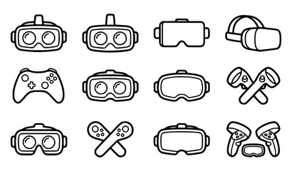 Generic virtual reality headsets and controllers vector icon set with simple bold line art classic complete unbranded VR visor motion joystick gaming metaverse hardware clip art black and white © GULSHAN