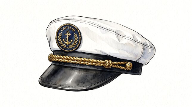 Watercolor illustration of a classic white captain's hat featuring a gold anchor emblem, twisted rope detail, and a glossy black visor isolated on a clean white background.