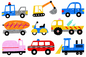 Collection Of Crayon Style Vehicles Including Trucks Cars And Scooters On A White Background © MSTShikha