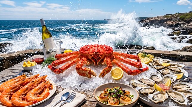 Fresh seafood platter with large crab and shrimp on ice near ocean shore seafood meal seaside dining freshly prepared shellfish crustacean
