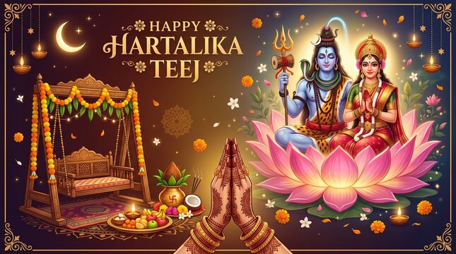 Happy Hartalika Teej Greeting Vector: Shiva Parvati on Lotus, Swinging Cradle, Prayer Offerings, Festive Hindu Background - AI Illustration