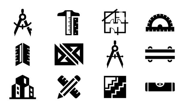 Modern abstract generic architectural blueprint tool symbol vector clipart set with minimalist clean outline unbranded engineering brand compass ruler monogram and cosmic construction logo graphics bl