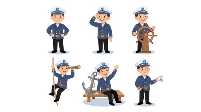 Friendly cartoon ship captain character set showing various maritime activities including steering, saluting, climbing rope, looking through spyglass, waving, and enjoying coffee.
