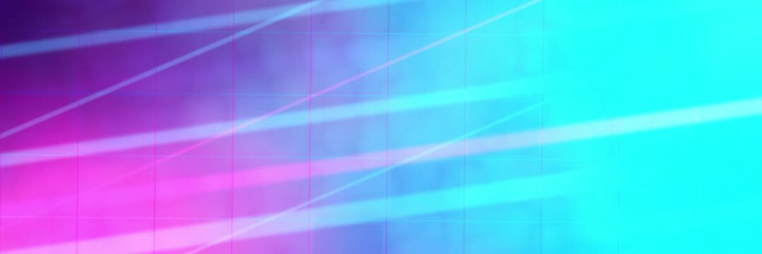 Magenta, violet, blue and cyan diagonal light streaks over a grid, website banner seamless loop animation for a vibrant digital motion background