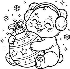 Fototapeta premium Cute cartoon panda bear hugging a festive christmas ornament with snowflakes and stars holiday decoration
