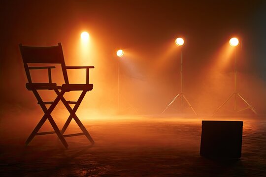 Empty director's chair in smoky, spotlight-lit studio