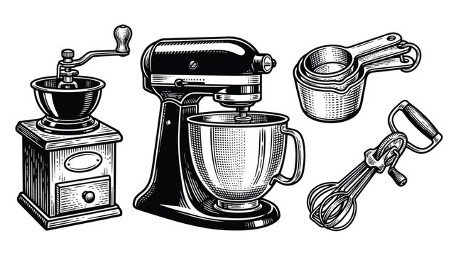 Vintage Kitchen Utensil Illustration Set Including Coffee Grinder, Stand Mixer, Measuring Cups, and Egg Beater