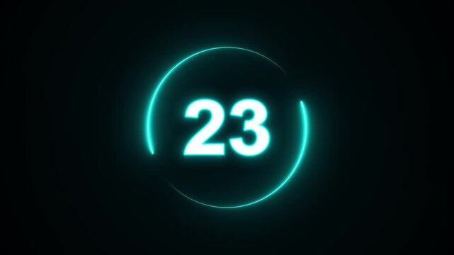 Glowing number 24 inside a turquoise circular progress ring background, sleek digital countdown display. timers, launch sequences, event openers, broadcast technology presentations, motion templates.