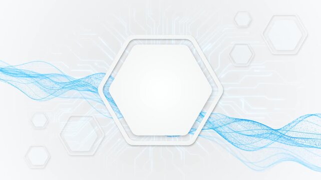 Clean white technology hexagon blue flowing wave mesh, subtle circuit lines, soft grey shapes, central copy space. medical tech science presentations, corporate slides, futuristic motion graphics.
