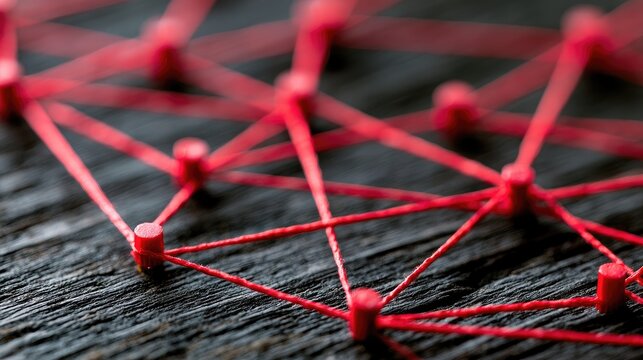 Red thread connects pins on a dark wooden surface, forming a complex web