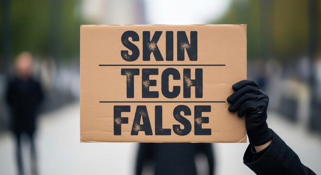 Protester Holding Cardboard Sign with Text Skin Tech False During Outdoor Demonstration or Social Activism Event