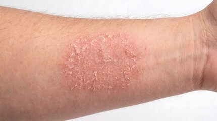Fototapeta premium Close-up of dry, irritated skin with red itchy patch on human arm, showing signs of eczema, psoriasis, or allergic dermatitis reaction. AI generated. 