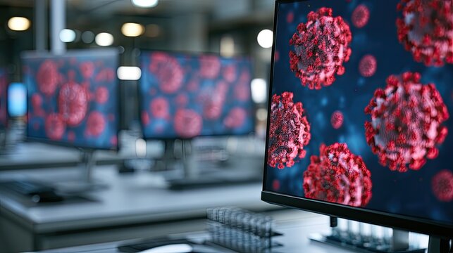 Computer screens display detailed visualizations of a virus