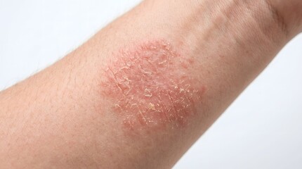 Fototapeta premium Close-up of dry, irritated skin with red itchy patch on human arm, showing signs of eczema, psoriasis, or allergic dermatitis reaction. AI generated. 
