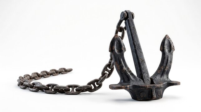 A heavy, forged iron ship anchor with a weathered finish lies alongside a sturdy metal chain against a clean, neutral white background.
