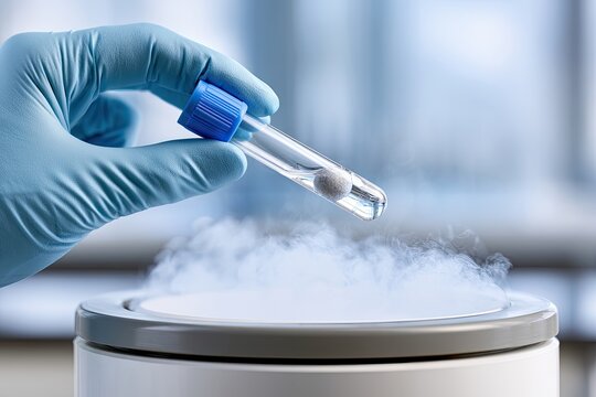 Gloved hand holds vial of frozen sample above cryogenics equipment