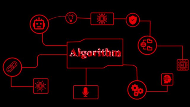 Digital algorithm network diagram. Abstract data flow chart with glowing red connections.