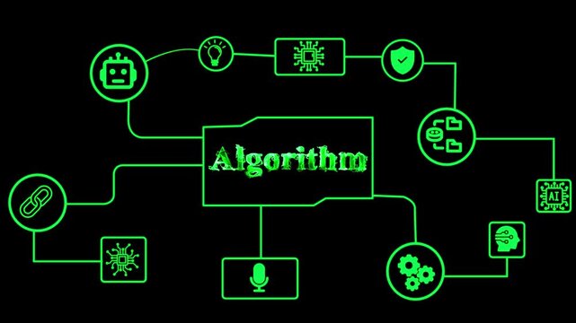 Algorithm flowchart diagram. Digital network connection structure on dark background.