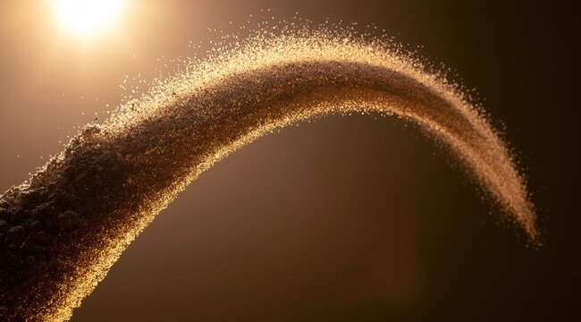 Sunlit cascade of fine, golden particles arcs into darkness