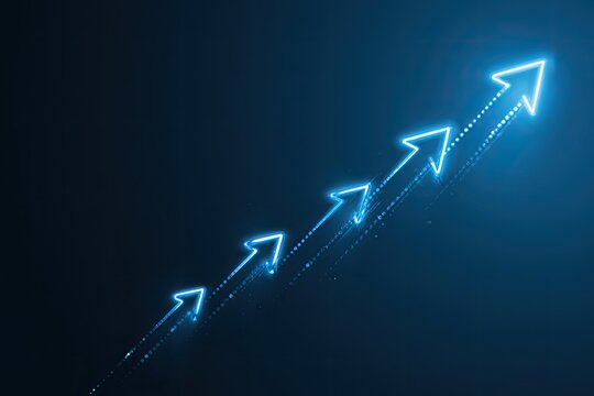 Glowing blue arrows ascend against dark background, charting progress
