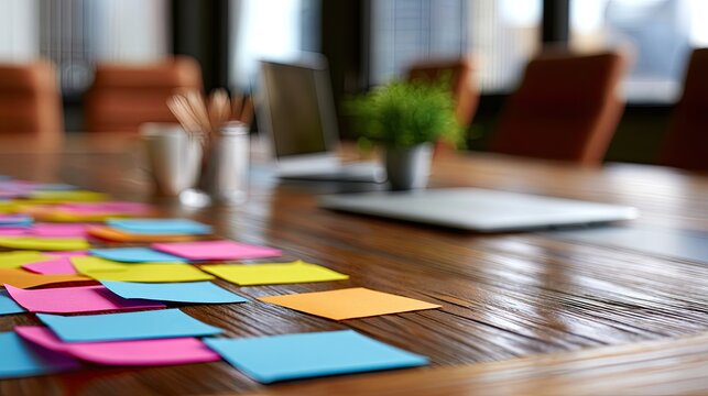 Colorful sticky notes clutter a wooden table in a blurred modern meeting room