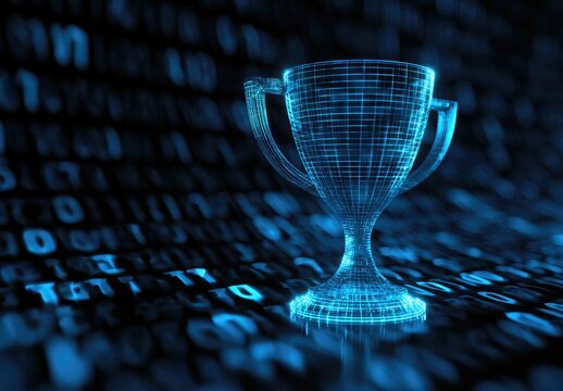 Glowing digital trophy atop a dark background filled with glowing binary code
