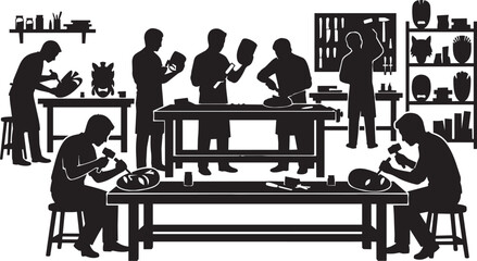 Fototapeta premium Artisan woodcarving workshop silhouette, skilled craftsmen carving traditional masks in a studio, carpentry woodworkers at work benches