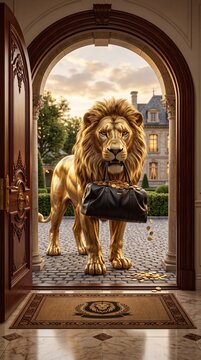 Majestic golden lion statue standing in a grand mansion doorway holding a leather duffel bag full of gold coins with some spilling onto the cobblestones.