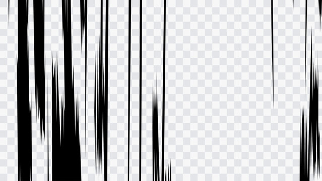 Vertical anime speed lines isolated on transparent background. Dynamic manga motion effect for action scenes, comic panels, game VFX, dramatic transitions and graphic design.