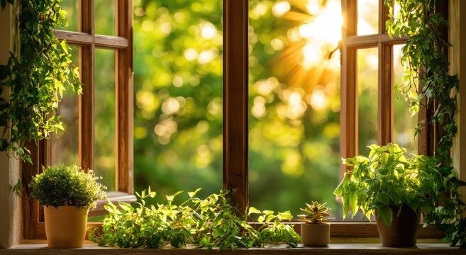 Warm sunbeams stream through a wooden window onto lush green plants