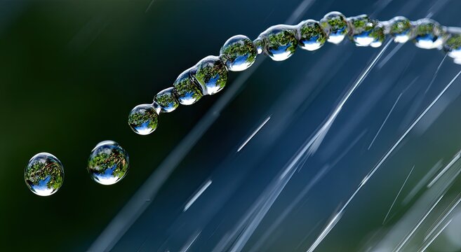 Tiny water droplets on a delicate thread reflect a world of green trees and blue sky