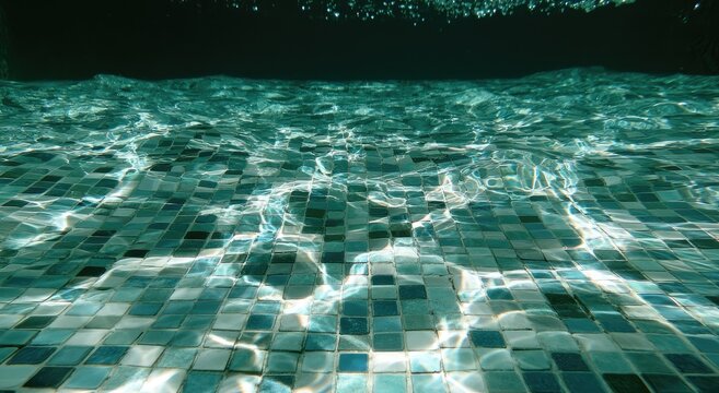 Underwater view of a tiled pool floor with light shimmering on the surface