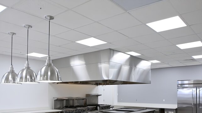 Stainless steel kitchen hood over commercial range; pendant lights hang