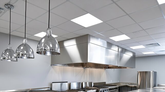 Modern commercial kitchen with stainless steel, large vent hood, and pendant lights