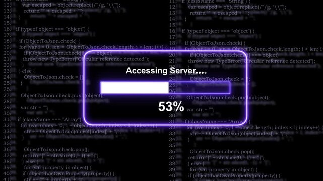 Dynamic digital loading bar interface with glowing neon ui overlaid on scrolling javascript source code background, representing high-speed server, access and advanced, software development processes
