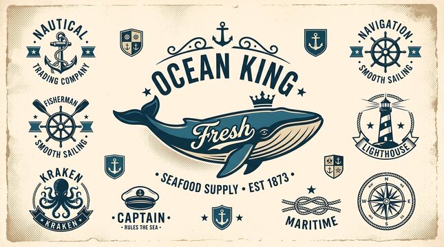 Vintage nautical logo set with anchors, whale, lighthouse, ship wheel, compass, kraken, and maritime symbols in a retro blue and beige aesthetic.