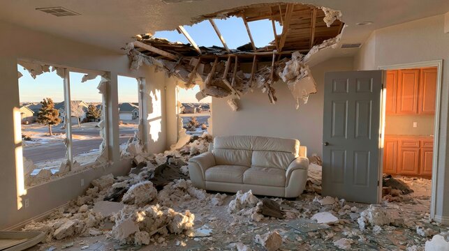 Interior scene of severe structural damage with a collapsed ceiling and debris