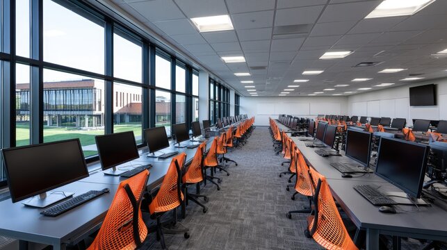 Bright, modern computer lab with long rows of workstations and large windows